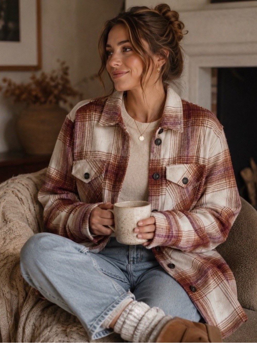 Thread & Supply Plaid Shacket Jacket in Cream and Brown 1X